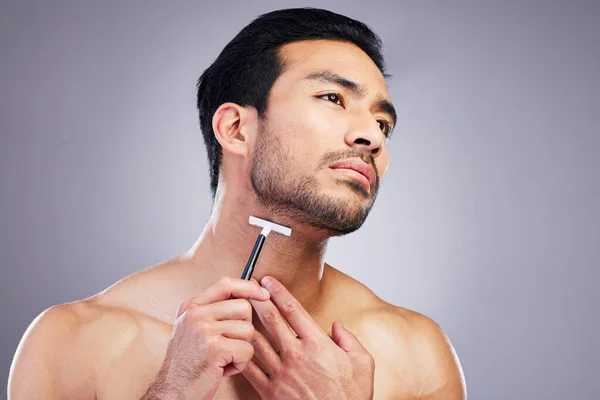 Bartbehaarung Rasiermesser Und Gesicht Des Mannes Mit Badezimmer Routine Selbstpflege — Stockfoto