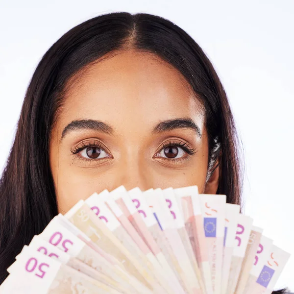 Retrato Dinero Efectivo Una Mujer Ganadora Lotería Estudio Fondo Blanco —  Fotos de Stock