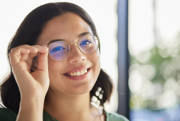 Vrouw Bril Portret Met Ogen Optometrie Gezondheid Met Glimlach Keuze — Stockfoto