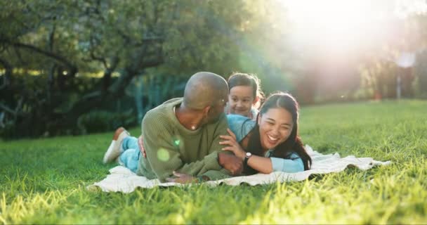 Щаслива Сім Трава Батьки Пікніку Дитиною Парку Довіру Підтримку Щастя — стокове відео