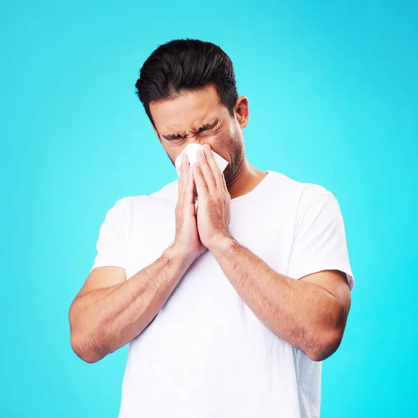 Tissue Nose Man Studio Sick Allergy Cold Influenza Blue Background — Stock Photo, Image