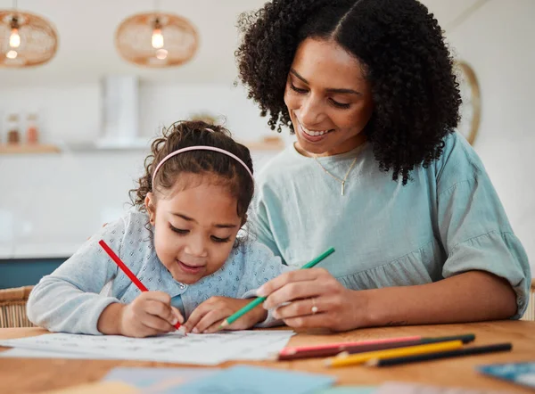 Family, mother and girl child drawing, learning and home education support, helping or color for school. Writing, happy teaching and mom or african woman with kid for creative development or language.
