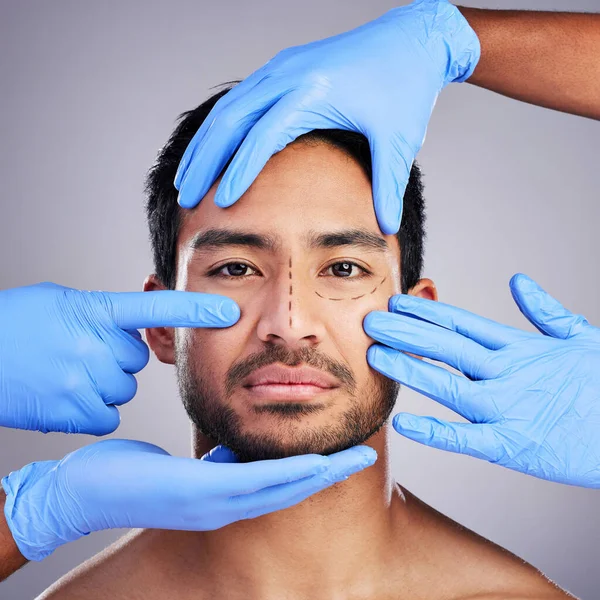 Plastic Surgery Hands Drawing Portrait Man Surgeon Needle Syringe Placement — Stock Photo, Image