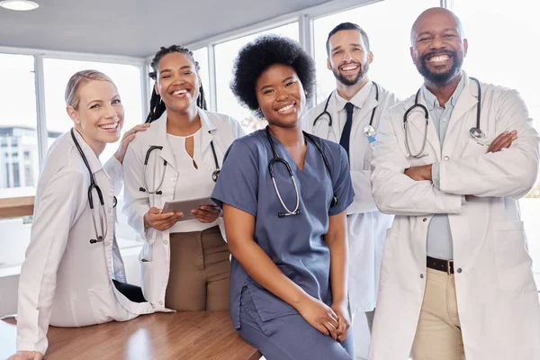 Smile, portrait and hospital doctors, people or surgeon team for healthcare, help services or medical collaboration. Medicine health professional, clinic group solidarity or staff nurses for medicare.