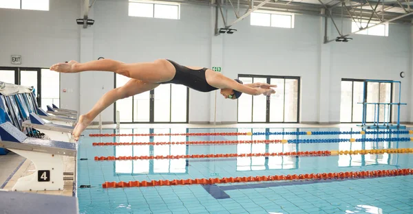 フィットネス 女性は ジムでの競技のための運動 トレーニング トレーニングのためにプールでダイビングします ウォータースポーツ ダイビング 女性の水泳選手がレース パフォーマンスの表彰台にジャンプ — ストック写真