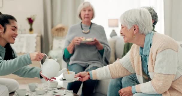 チャット リラックスのための退職の家でのお茶 シニアの女性や友人 高齢者や介護者と一緒に食事をしたり 一緒に食べたりしながら食事をしたりするためのテーブルで介護者とグループ — ストック動画