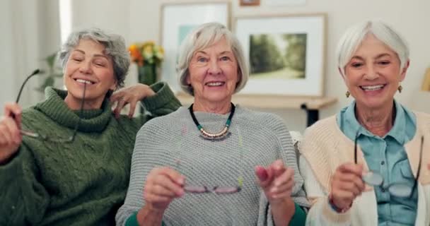Tvář Brýle Starší Přátelé Doma Baví Sbližují Portrét Úsměv Skupina — Stock video