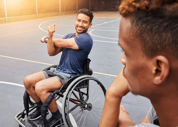 Sports, wheelchair user and man on basketball court for training, challenge and competition. Fitness, health and warm up with person with a disability and stretching for workout, game and start.