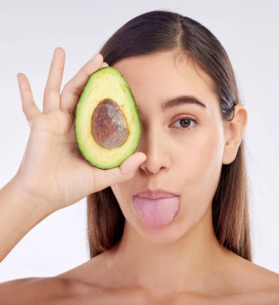Face Skincare Woman Avocado Tongue Out Isolated White Background Studio — Stock Photo, Image