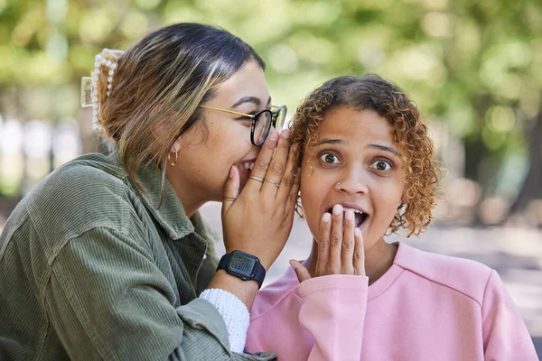 Women in park, gossip and secret conversation together with surprise news, excited discussion and communication. Friends, talking in ear and bonding with confidential information, privacy and whisper.