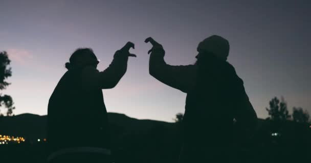 ナイトスカイ ハート シルエット 自然の中のカップルの屋外 自由への愛 または暗闇の日付で手で形やアイコンを持つ男女の背中 — ストック動画