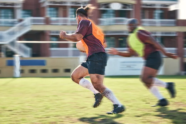 Rugby Deportes Desenfoque Movimiento Con Equipo Corriendo Campo Juntos Para —  Fotos de Stock