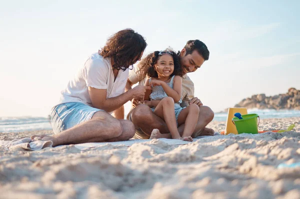 Happy Playing Lgbt Family Beach Summer Relax Love Travel Together — Stock Photo, Image