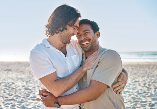 stock image Love, hug and gay men on beach, smile and laugh on summer vacation together in Thailand. Sunshine, ocean and island, happy lgbt couple embrace in nature for fun holiday with pride, sea and sand