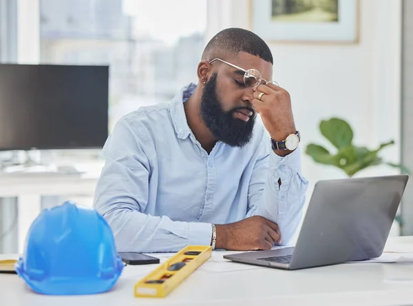 Architecture Tired Headache Black Man Laptop Stress Anxiety Mental Health — Stock Photo, Image