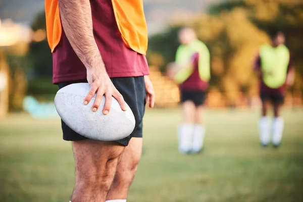 Rugby Man Och Närbild Med Boll För Sportspel Tävling Och — Stockfoto