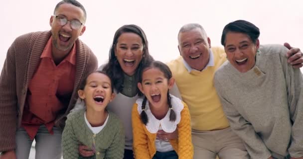 Παιδιά Οικογένεια Και Χαρούμενο Πορτραίτο Υπαίθρια Στη Φύση Χαμόγελο Ευτυχία — Αρχείο Βίντεο