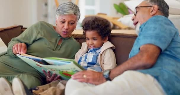 Grootouders Kind Leesboeken Bank Voor Het Leren Taalontwikkeling Zorg Lounge — Stockvideo