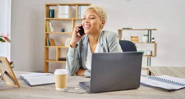 Phone call, smile and business woman in office for talking, discussion and communication at desk. Happy female worker speaking on mobile tech for contact, networking and conversation for consulting.