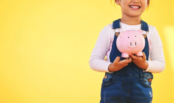 Girl Kid Piggy Bank Saving Studio Smile Mockup Space Excited — Stock Photo, Image