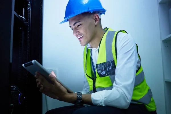 Happy man, tablet or server room technician, engineer and smile for data center connectivity, database upgrade or network solution. Cybersecurity expert, happiness or IT person update software system.