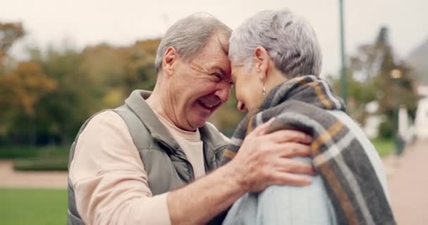 Pocałunek Czoło Para Seniorów Parku Miłością Szczęśliwa Rozmowa Romantyczną Więzią — Wideo stockowe