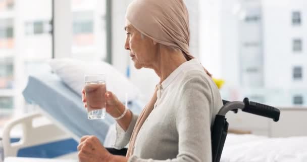 帕金森病和老年妇女在化疗或治疗后坐轮椅喝水 老年人护理以及残疾 疾病和抑郁症女患者 — 图库视频影像