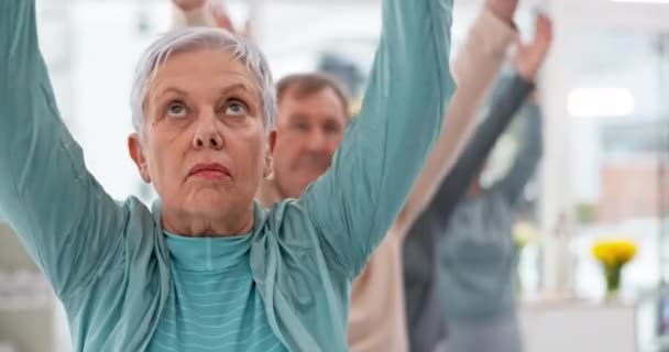 在瑜伽课上 老年人以呼吸 健康和退休的方式进行锻炼和冥想 健康和康复与团体锻炼 整体与禅宗与和平 专注与活力 — 图库视频影像