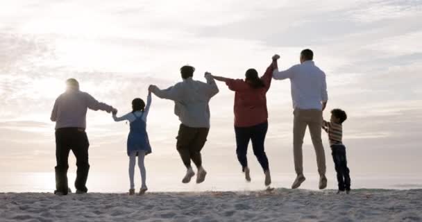 または人々は海 波または海の景色で一緒にシルエットでビーチで手をジャンプして握ります お祝い サポートを持つグループの旅行 — ストック動画