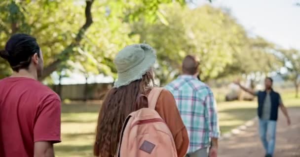 Voltar Caminhando Estudantes Amigos Campus Para Uma Turnê Universitária Dos — Vídeo de Stock