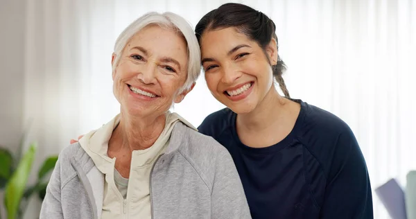 Happy, portrait of mom and grandmother in home with a smile for family, quality time or relax on mothers day in house. Senior woman, grandma and girl together with happiness, support and love.