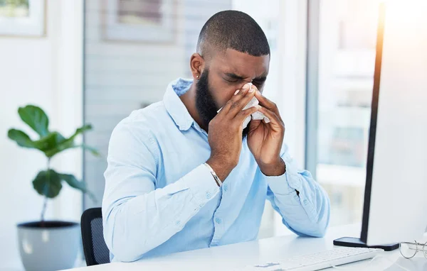 Allergy Blowing Nose Sick Businessman Office Worker Hay Fever Sneezing — Stock Photo, Image