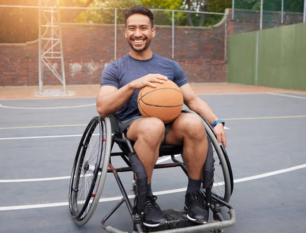 Basketball player, portrait and man in wheelchair for sports, fitness and training game on court. Person with a disability, Mexican athlete and mobility equipment for ball match, exercise and workout.