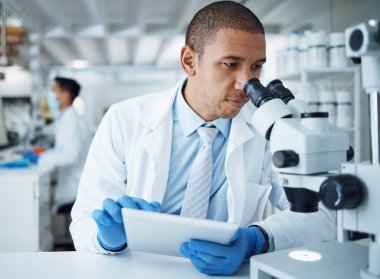 Mikroskop analizi, sağlık araştırması, ilaç projesi ya da test örneği üzerinde çalışan insan ve laboratuvar bilim adamı. Bilim deneyi, tablet ve hastane kontrolü, çalışma veya sınavın sonuçlarını daktilo eden kişi.