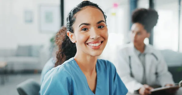 Worker, face or nurse in hospital meeting for medical student, life insurance medicine or treatment training. Smile, happy or healthcare woman in portrait, teamwork collaboration or clinic planning.