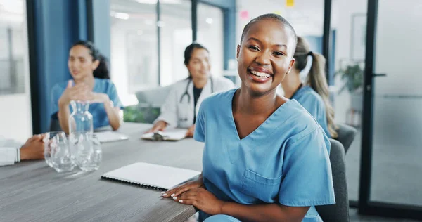 Black woman, face or nurse in hospital meeting for medical planning, life insurance medicine or treatment training. Smile, happy and healthcare worker portrait in teamwork, collaboration or diversity.