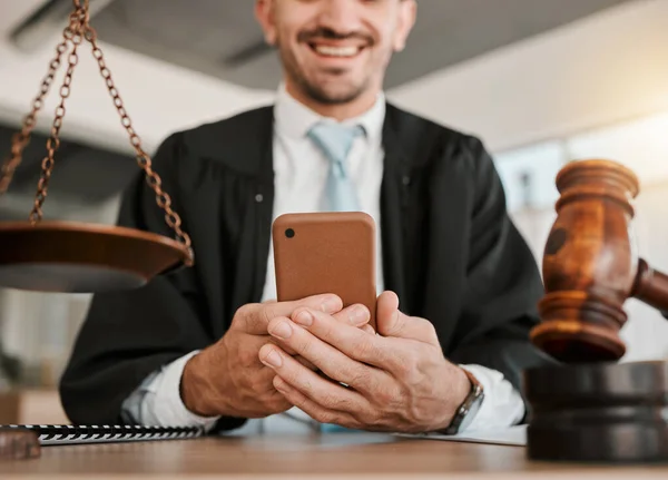 Judge Hands Phone Happy Man Reading Attorney Communication Networking Contact — Stock Photo, Image