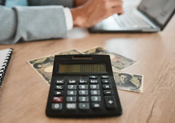 Calculator Money Hands Accountant Laptop Budget Savings Tax Computer Auditor — Stock Photo, Image