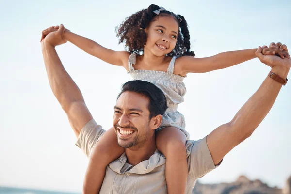 Airplane, smile and father with girl at beach for travel, freedom or happy family vacation in summer. Flying, love and excited parent with fun kid at sea for piggyback, games or traveling in Miami.