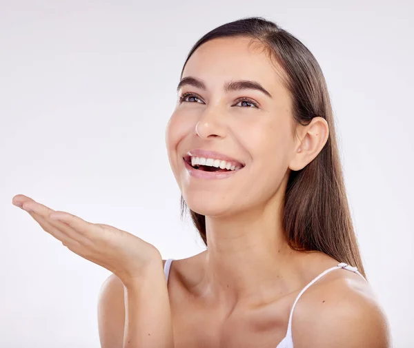 Skincare Publicidade Rosto Mulher Com Palma Para Bem Estar Produtos — Fotografia de Stock