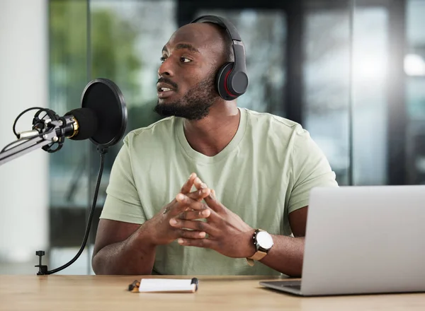 Black Man Microphone Laptop Headphones Radio News Communication Audio Equipment — Stock Photo, Image