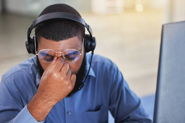 Call Center Business Man Headache Pain Stress Communication Mistake Error — Stock Photo, Image