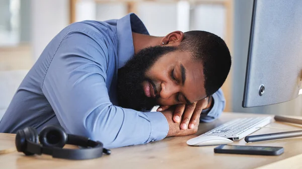 Call Center Tired Business Man Sleeping Desk Burnout Fatigue Low — Stock Photo, Image