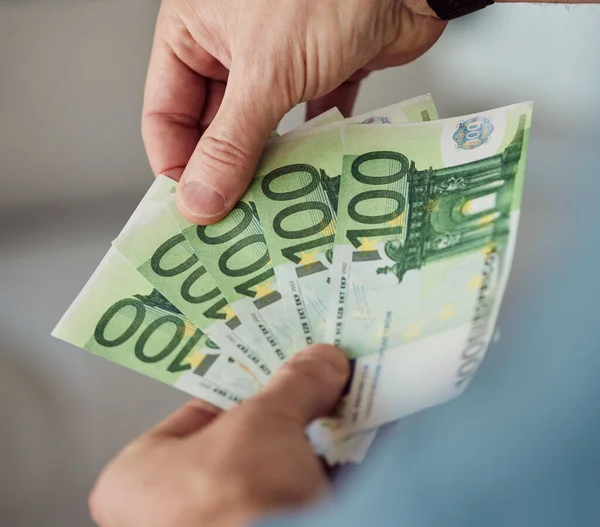 Person Hands Money Fan Euros Banking Exchange Bills Investment Budget — Stock Photo, Image