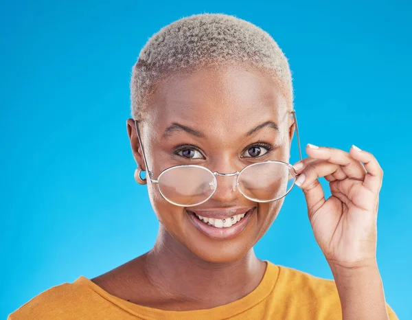 Happy Portrait Black Woman Glasses Blue Background Stylish Trendy Fashion — Stock Photo, Image