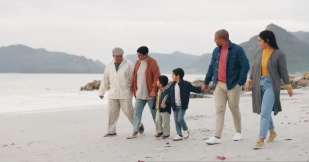 ビーチ 大きな家族は休暇 または冒険で一緒に歩いている間手を握ります ハッピー 愛と少年 週末旅行で海で祖父母と親と絆を結ぶ — ストック動画
