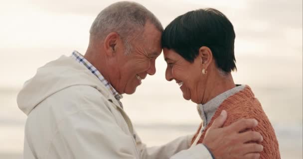 Casal Velho Toque Testa Abraço Enquanto Praia Felicidade Aposentadoria Juntos — Vídeo de Stock