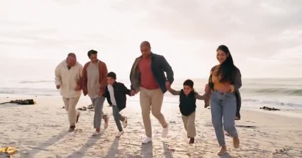 ビーチ 幸せで大きな家族が手を握り または冒険で一緒に走っています そして子供たちは 週末の旅行で海で祖父母や両親と絆を深めています — ストック動画