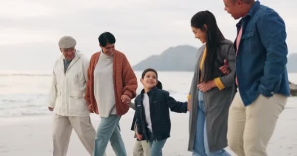Duża Rodzina Spacer Plaży Trzymanie Ręce Pokolenia Podróże Nad Oceanem — Wideo stockowe