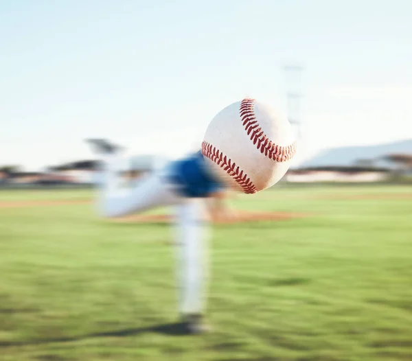 Baseball, ball and closeup of person pitching outdoor on a sports pitch for performance and competition. Professional athlete or softball player throw for a game, training or challenge on a field.
